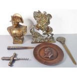 Metalware to include: a shoulder-length bust of Napoleon; a novelty corkscrew heavily cast and