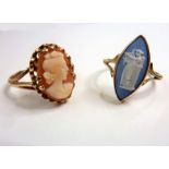 Two cameo rings: the navette collet set with a blue and white Jasperware Classical lady, the
