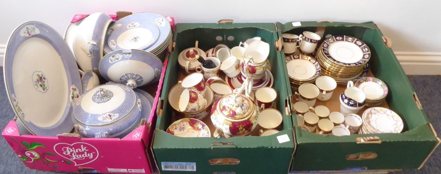 Three boxes of china:1 A Ridgeways part-dinner-service in the blue 'Ming' pattern comprising two