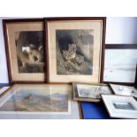Eight decorative wall hanging pictures and prints: 1. a pair of framed and glazed late 19th