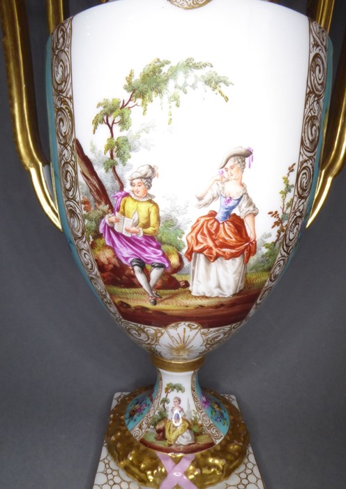 A good pair of late 19th century Dresden-style two-handled porcelain urns and covers (as potpourri); - Image 10 of 14