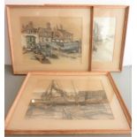E. W. MOYE - three mid-20th century signed watercolour sketches; boats moored up in dry dock next to