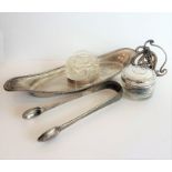 Various silverware and jewellery: an early 20th century heavy boat-shaped inkstand with reeded