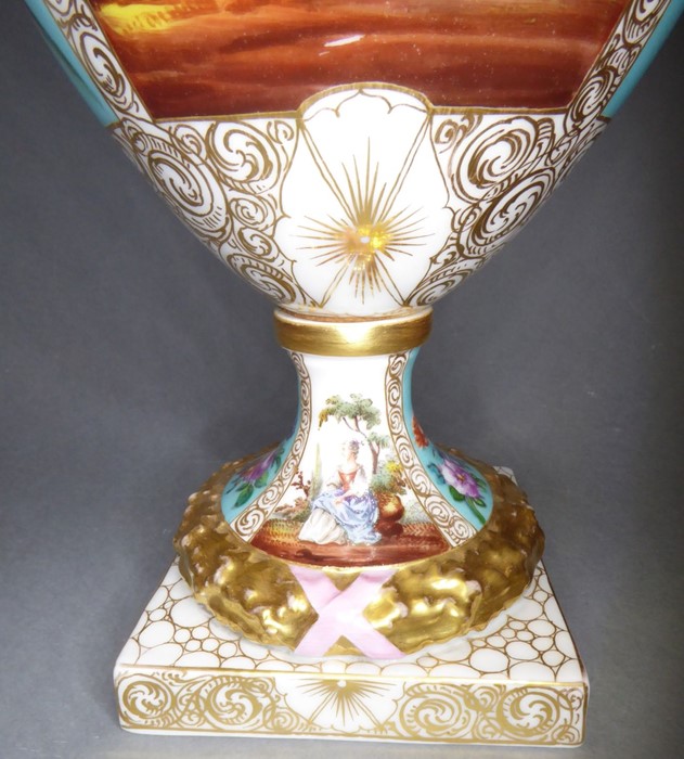 A good pair of late 19th century Dresden-style two-handled porcelain urns and covers (as potpourri); - Image 7 of 14