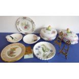 Nine good ceramic pieces and a pair of plate stands: a large and heavy Spode circular two-handled