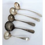 Five 19th and early 20th century hallmarked silver ladles; varying makers' marks, assay marks and