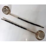 A pair of late 19th/early 20th century silver plated mounted toddy ladles with twisted whalebone
