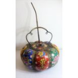 A large Chinese ceramic and metal mounted melon-shaped pot and lid (as a pipe); each panel hand-