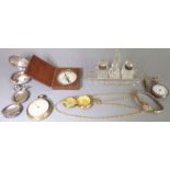 A selection of mostly pocket watches and pocket watch cases: a gold-plated Ingersoll pocket watch,