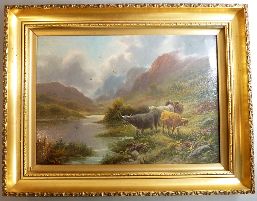 J. HONTON - a late 19th / early 20th century oil on canvas pastoral scene of longhorn cattle