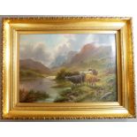J. HONTON - a late 19th / early 20th century oil on canvas pastoral scene of longhorn cattle