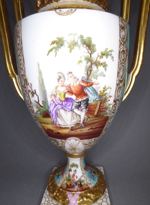 A good pair of late 19th century Dresden-style two-handled porcelain urns and covers (as potpourri); - Image 8 of 14
