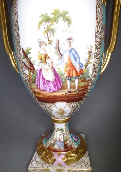 A good pair of late 19th century Dresden-style two-handled porcelain urns and covers (as potpourri); - Image 6 of 14