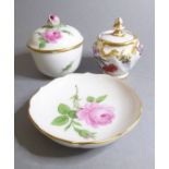 A fine Meissen porcelain circular pot, cover and stand, each piece hand-decorated with various