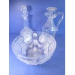 An early 19th century faceted cut-glass wine decanter with large mushroom stopper together with a