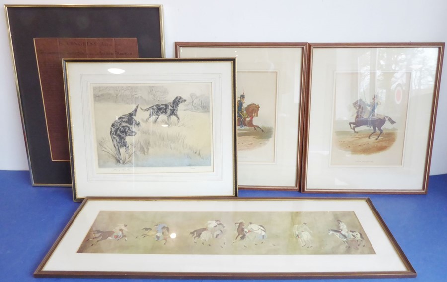 Five framed and glazed colour prints: a Tibetan polo scene (16.5cm x 72.5cm); '13th Hussars' and '