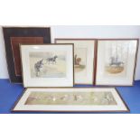 Five framed and glazed colour prints: a Tibetan polo scene (16.5cm x 72.5cm); '13th Hussars' and '