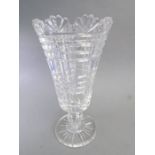 A fine Waterford crystal vase of conical form; scallop-shell style decoration to the lip, hobnail-