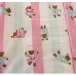 Two pairs of lined nursery curtains with teddy bear motifs and pink and turquoise stripes (approx.