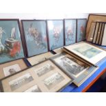 An interesting selection of mostly framed and glazed decorative pictures and prints to include a set