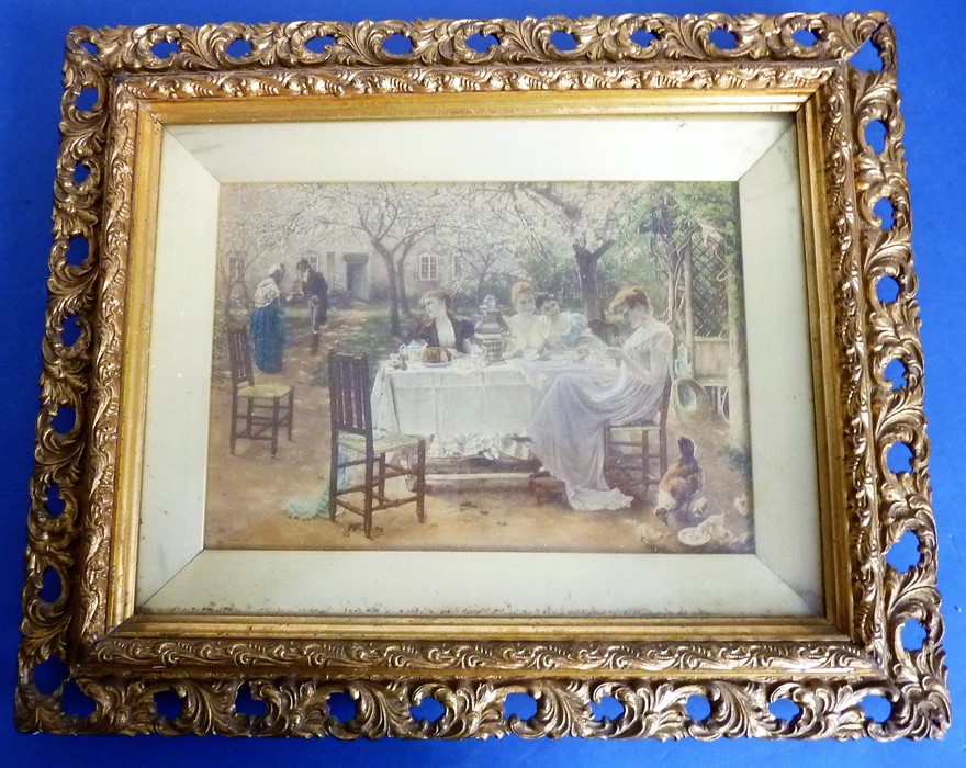 A late 19th century colour lithograph depicting an exterior scene, 'Taking Tea' (gilt-framed and - Image 5 of 6