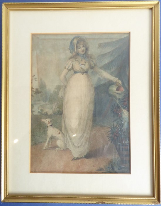 A charming early 19th century hand-coloured engraving of a maiden in bonnet and long dress