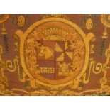 Two pairs of orange and burgundy soft tapestry-style lined curtains with heraldic motifs (approx.