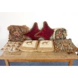 Three tapestry upholstered cushions with tassels (largest approx. 58cm square), together with two
