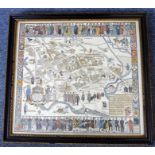A Hogarth framed and glazed coloured map of 'Oxford's History with some of her Worthies' (frame is