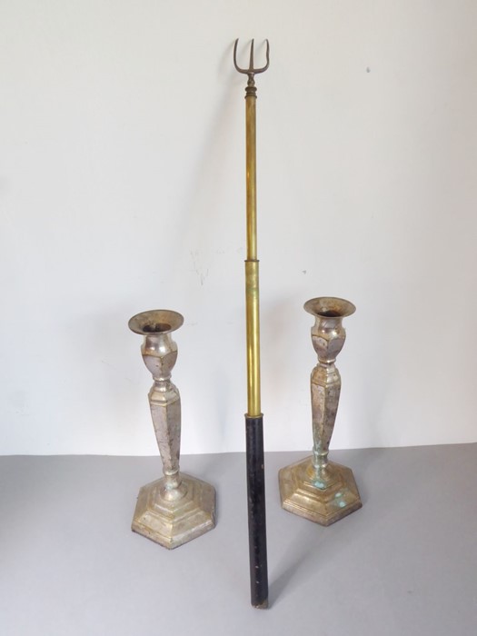 An assortment of four: a brass wine-pourer on a marble base, a pair of brass and silver-plated - Image 7 of 8