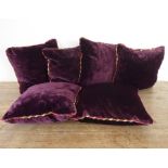 Set of six amethyst velvet cushions with multi-coloured decorative velvet ribbon piping (approx.