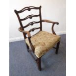 A 18th century-style (later) mahogany Lancashire-style ladderback chair; overstuffed saddle seat and