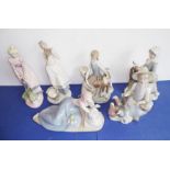 Six hand-decorated porcelain figures to include three by Lladro
