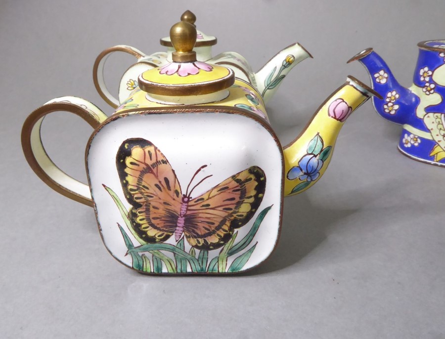 Four miniature Chinese enamelled teapots decorated with figures, butterflies and various flowers ( - Image 2 of 5