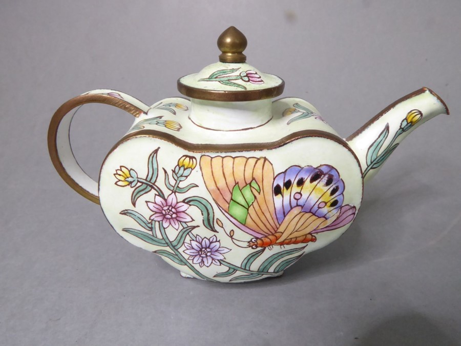 Four miniature Chinese enamelled teapots decorated with figures, butterflies and various flowers ( - Image 5 of 5