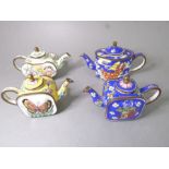 Four miniature Chinese enamelled teapots decorated with figures, butterflies and various flowers (
