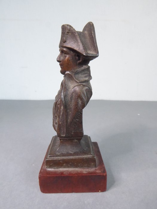 A small 19th century bronzed shoulder-length bust of Napoleon, upon square red marble base (9cm - Image 2 of 6