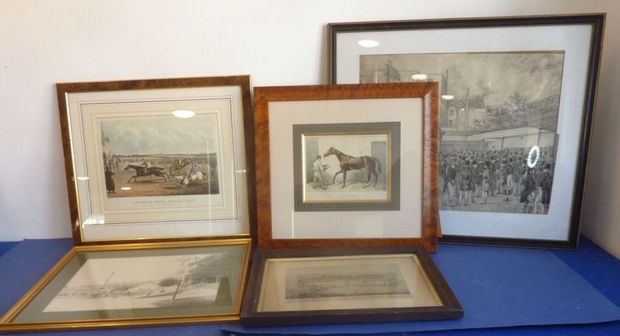 Five pictures and prints  to include a figured maple-framed and glazed hand-coloured equine