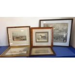 Five pictures and prints  to include a figured maple-framed and glazed hand-coloured equine