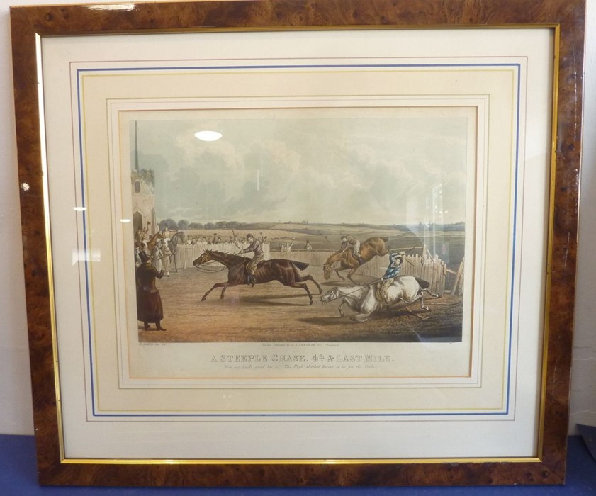 Five pictures and prints  to include a figured maple-framed and glazed hand-coloured equine - Image 2 of 8