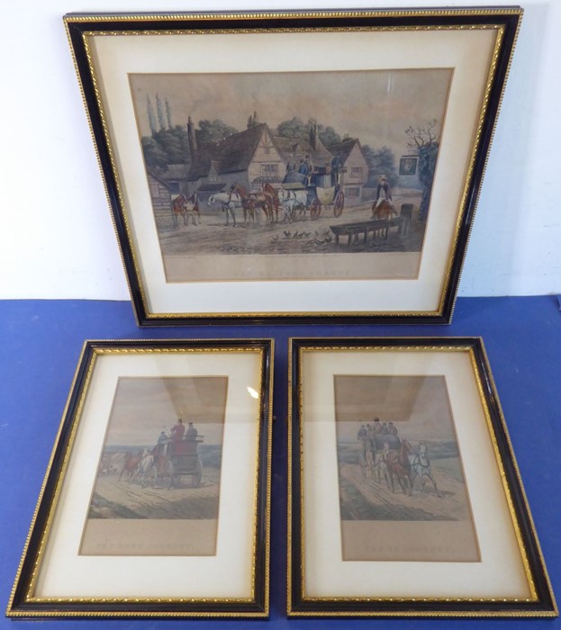 Three 19th century hand-coloured engravings: 'The Halfway Change', 'The Up Journey' and 'The Down