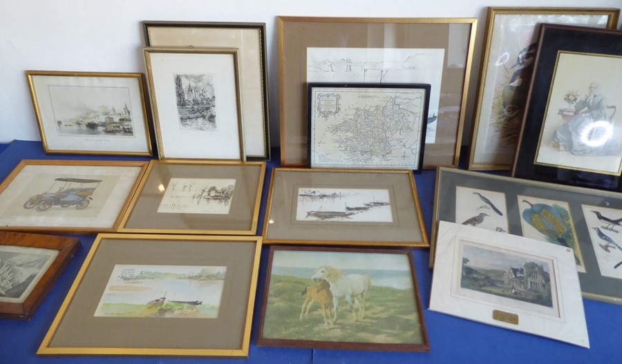 14 framed and glazed pictures and prints and one unframed. To include 'A New Map of