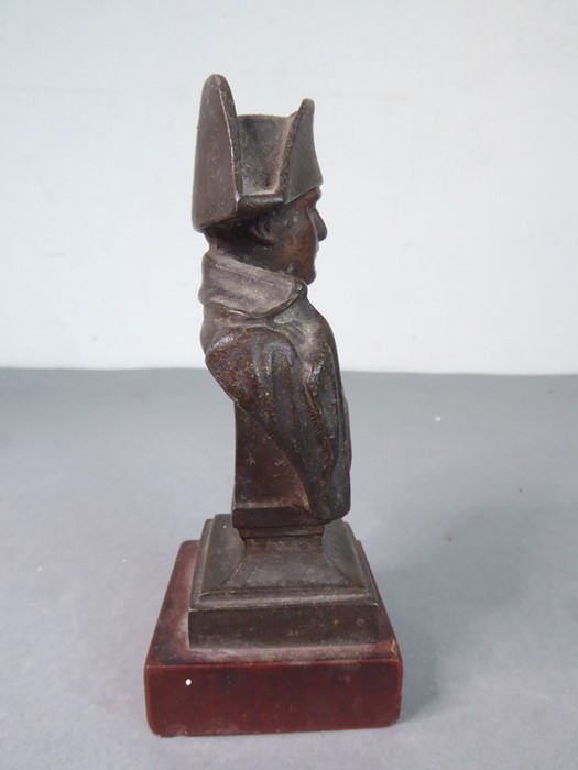 A small 19th century bronzed shoulder-length bust of Napoleon, upon square red marble base (9cm - Image 4 of 6