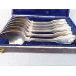 A cased set of six 19th century hallmarked silver fiddle and thread pattern teaspoons by George