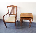 An Edwardian mahogany, boxwood-strung and satinwood-banded open armchair; overstuffed seat and