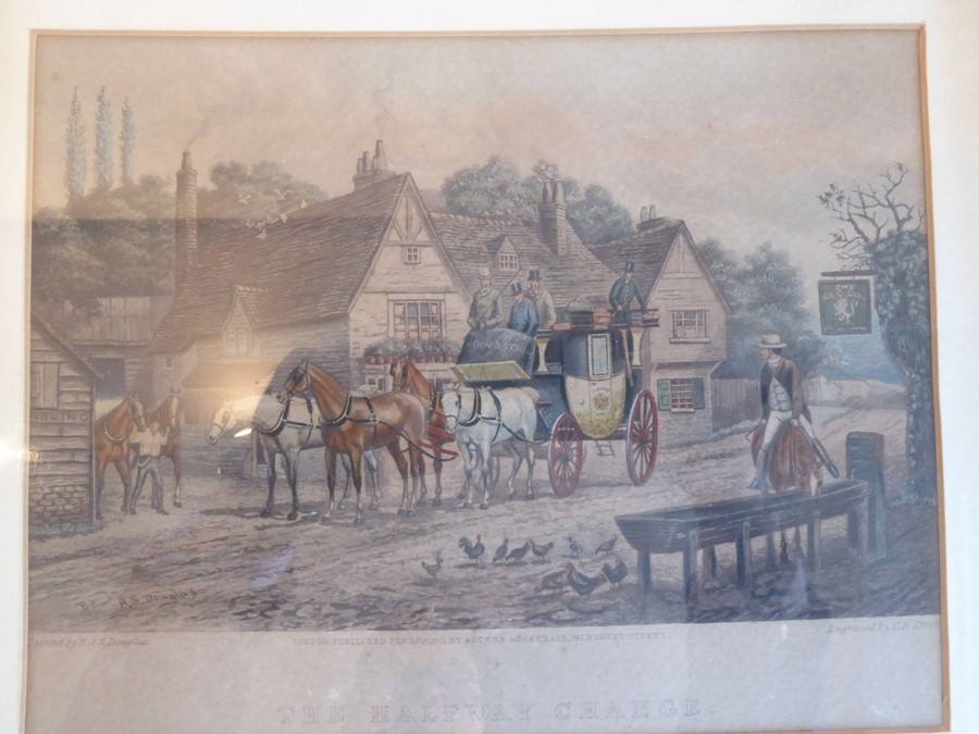 Three 19th century hand-coloured engravings: 'The Halfway Change', 'The Up Journey' and 'The Down - Image 2 of 4