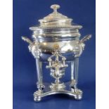 A rare and heavy two-handled silver-plated samovar; the circular cover above a cauldron-shaped