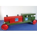 A hand-built and painted wooden model of a steam train engine locomotive 'The Bourton Flyer' (80cm)
