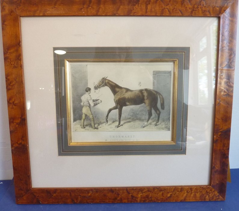 Five pictures and prints  to include a figured maple-framed and glazed hand-coloured equine - Image 5 of 8