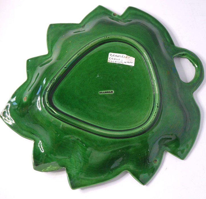 A set of four finely moulded green leaf ceramic dishes, together with one other similar example with - Image 3 of 7